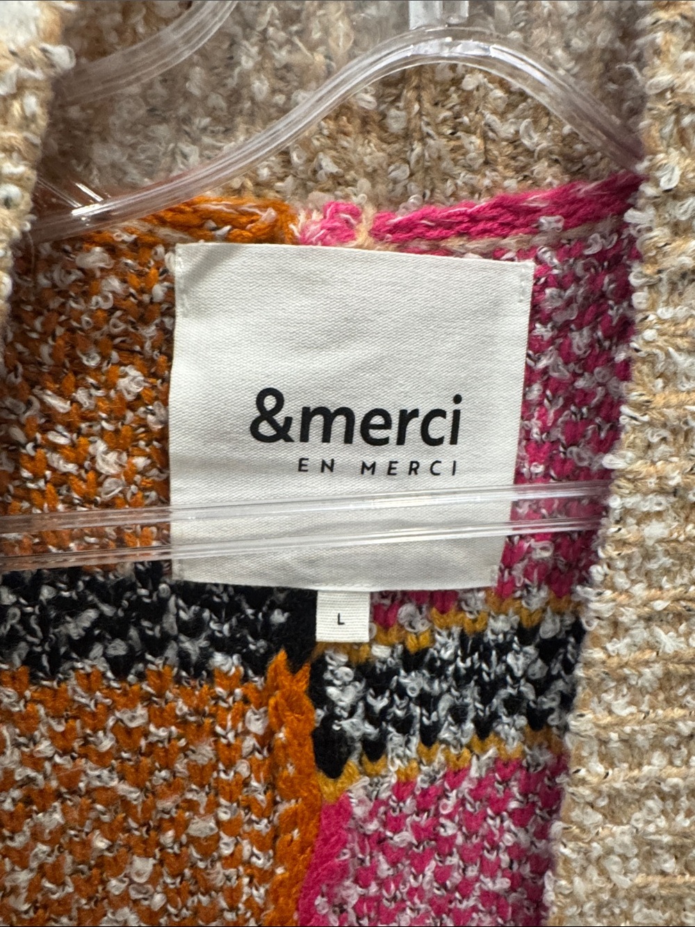 &merci Colorblock Open-Front Knit Cardigan in Pink & Gold - Picture 2 of 3